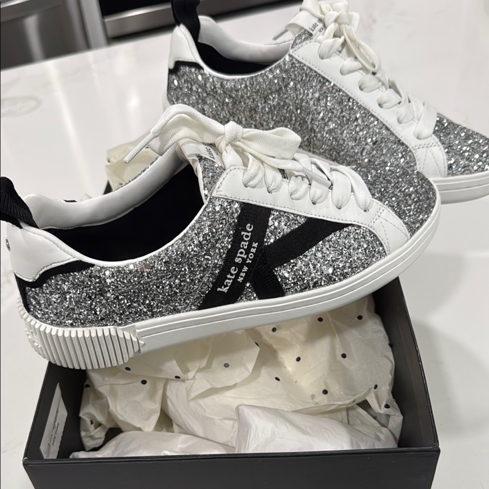 Kate Spade Silver and White Glitter Sneakers